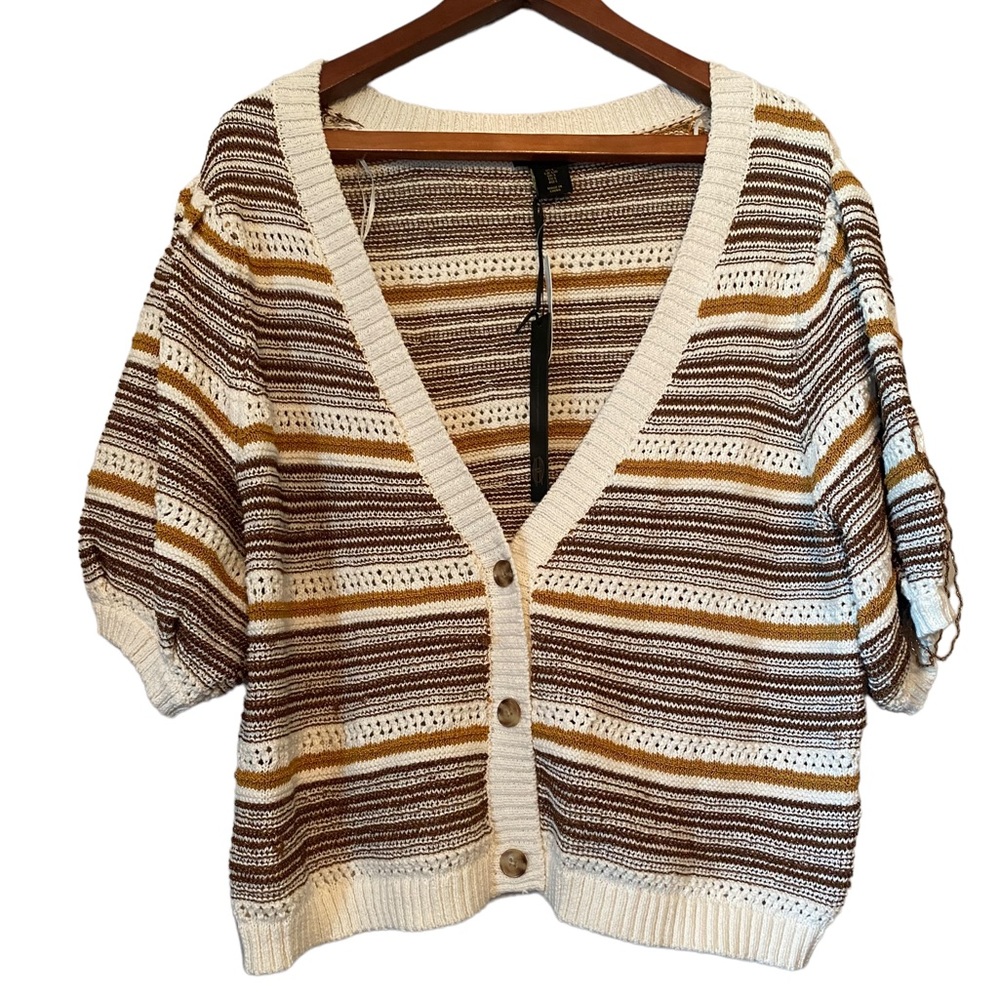 House of Harlow 1960 Puff Sleeve Cropped Neutral Striped Knit Cardigan S…